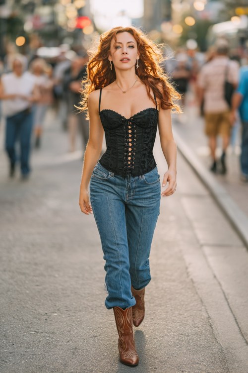 A confident baddie walking down a busy city street, wearing a black lace-up corset top, high-waisted fitted blue jeans, and brown cowboy boots