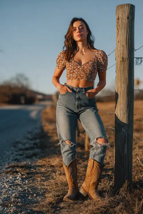A confident woman leaning against a wooden post wearing ripped high-waisted skinny jeans, a cropped floral top, and tall cowboy boots