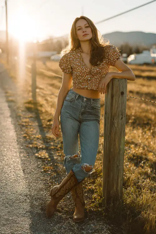 A confident woman leaning against a wooden post wearing ripped high-waisted skinny jeans, a cropped floral top, and tall cowboy boots