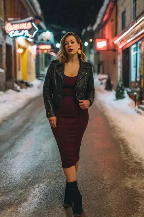 A curvy woman in a black leather jacket layered over a burgundy bodycon midi and ankle boots