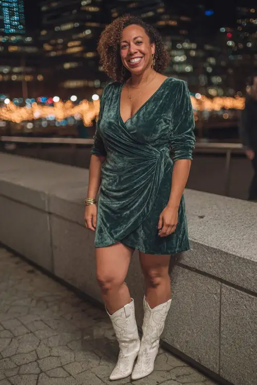 A curvy woman over 40 wears a deep-green velvet wrap dress with structured shoulders and white embroidered cowboy boots