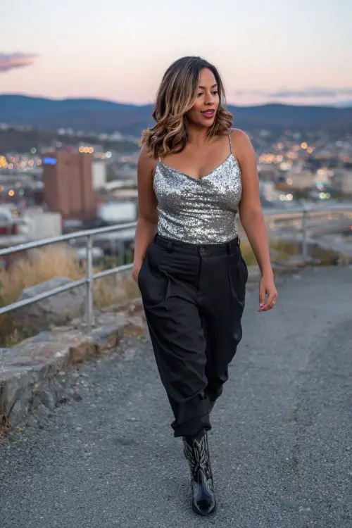 A curvy woman over 40 wears a sparkly silver top tucked into black tailored trousers with polished black cowboy boots