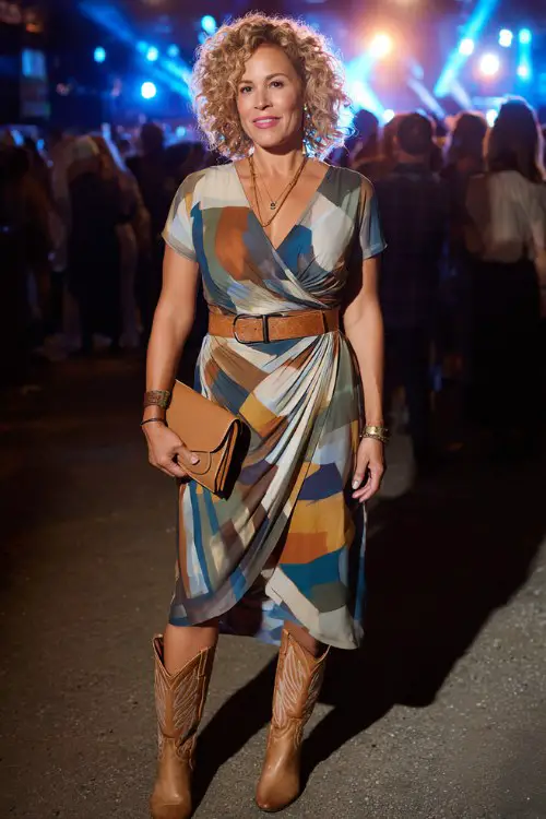 A curvy woman over 40 wears a wrap-style midi dress with a flattering silhouette and tan cowboy boots, styled with a wide belt and a soft leather clutch