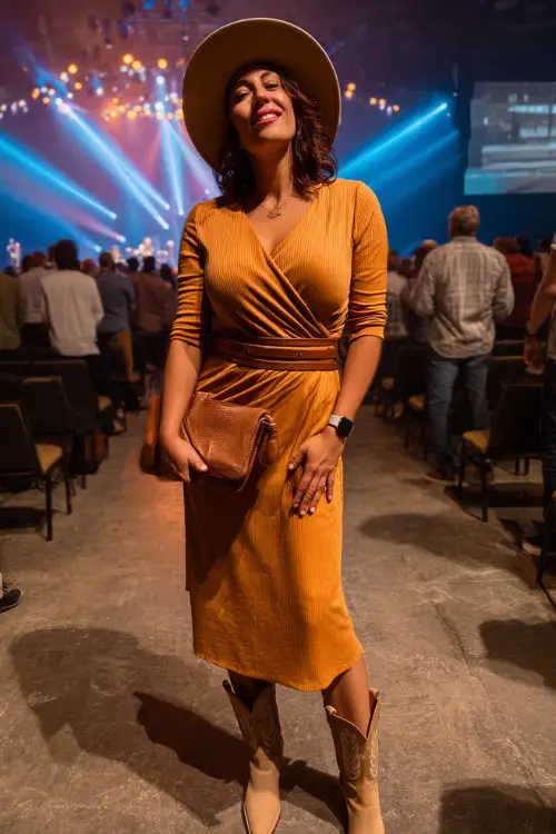 A curvy woman over 40 wears a wrap-style midi dress with a flattering silhouette and tan cowboy boots, styled with a wide belt and a soft leather clutch