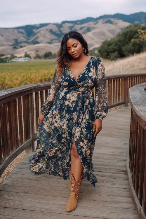 A curvy woman wearing a navy floral chiffon maxi dress with sheer long sleeves and a high-low hem, styled with snip-toe tan cowboy boots