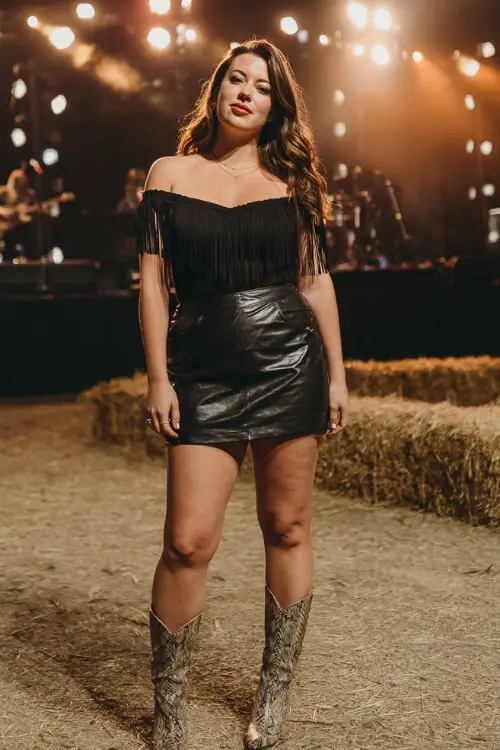 A curvy woman wears a black leather mini skirt paired with a fringe-trimmed off-the-shoulder top and snakeskin boots