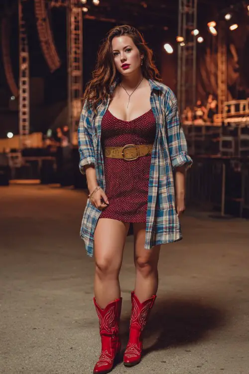 A curvy woman wears a bodycon dress with red cowboy boots, layered with an oversized plaid shirt worn open and a wide belt accentuating the waist