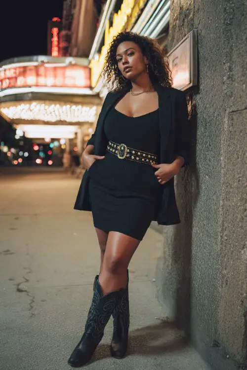 A curvy woman wears a bodycon knit dress styled with black cowboy boots, layered with an oversized blazer and statement belt accentuating the waist