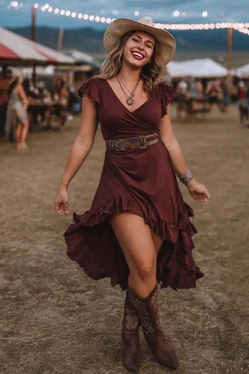 A curvy woman wears a burgundy wrap dress with ruffle hem and a wide leather belt, styled with tall brown cowboy boots and a wide-brim hat