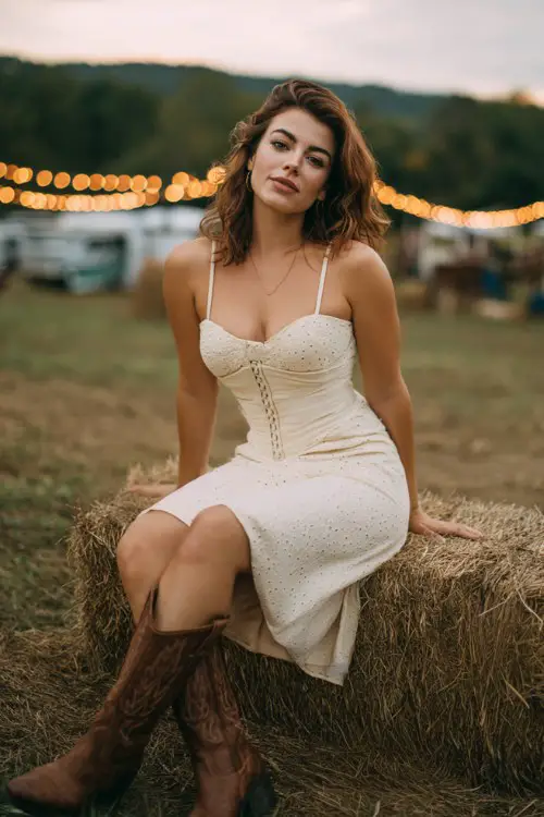 A curvy woman wears a cream eyelet midi dress with a corset waist and brown slouchy cowgirl boots, sitting on a hay bale