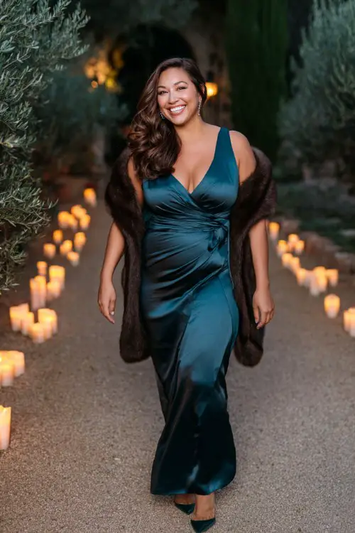 A curvy woman wears a dark teal satin gown with a wrap silhouette and faux-fur shawl