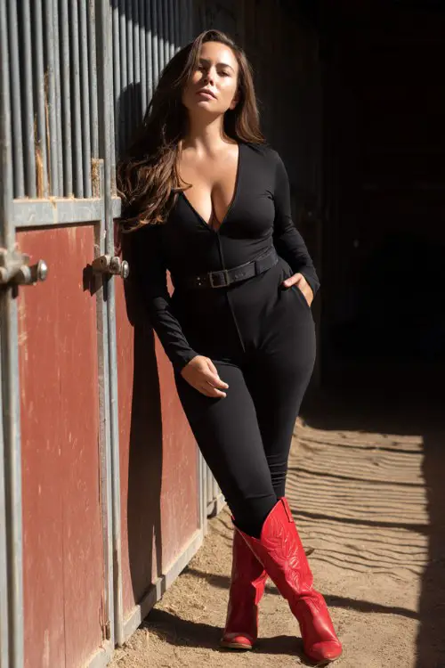 A curvy woman wears a fitted black jumpsuit with a deep V-neck, cinched with a leather belt, and bright red cowboy boots