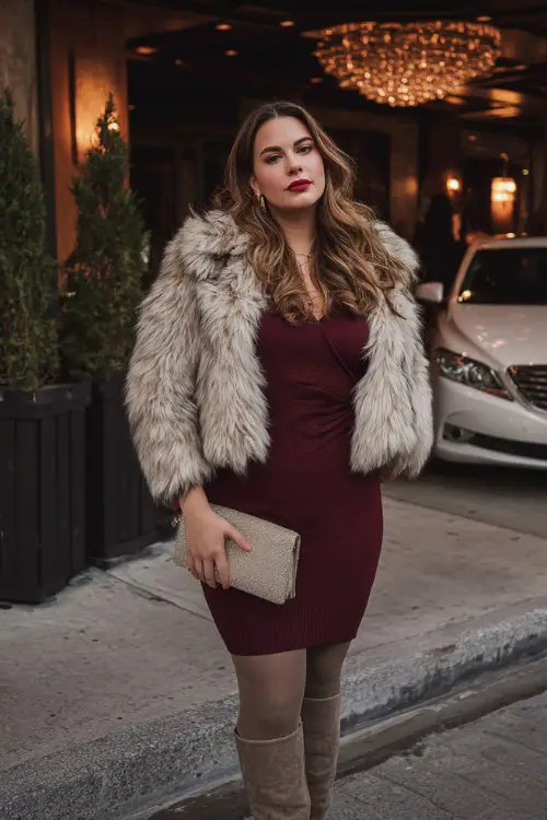 A curvy woman wears a fitted sweater dress in deep burgundy with fleece-lined tights, a faux fur cropped jacket, and knee-high boots
