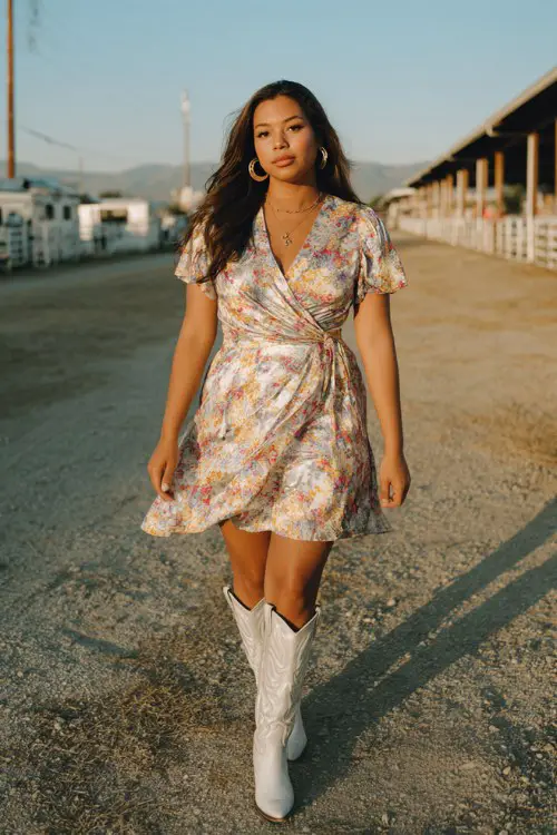 A curvy woman wears a floral-print wrap dress with a cinched waist and flared hem, paired with classic white cowboy boots and silver hoops