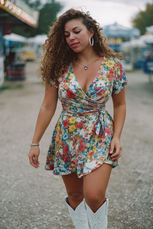 A curvy woman wears a floral-print wrap dress with a cinched waist and flared hem, paired with classic white cowboy boots and silver hoops