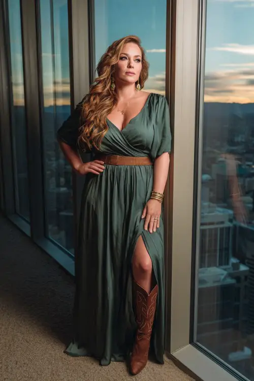 A curvy woman wears a forest green silk gown with brown cowboy boots and gold accessories
