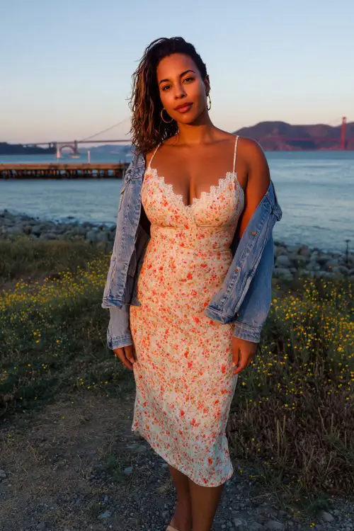 A curvy woman wears a soft floral midi slip dress with lace-trimmed neckline and a cropped denim jacket draped over her shoulders