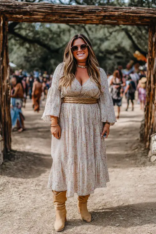 A curvy woman wears a tiered boho-style dress with bell sleeves, cinched with a braided belt and paired with tan mid-calf boots
