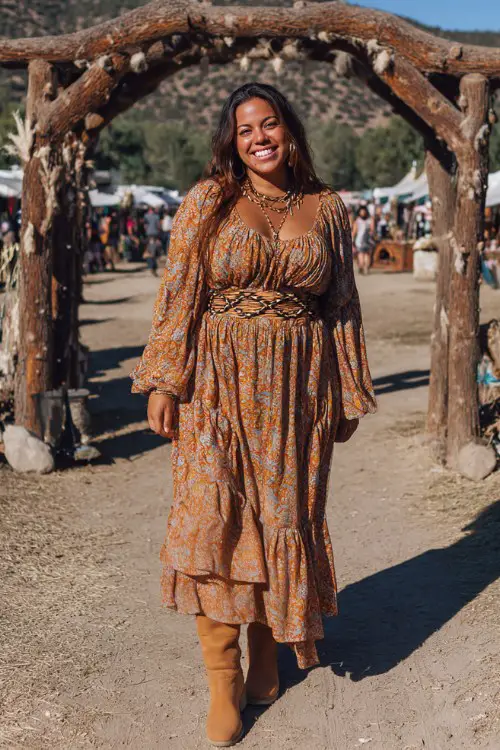 A curvy woman wears a tiered boho-style dress with bell sleeves, cinched with a braided belt and paired with tan mid-calf boots