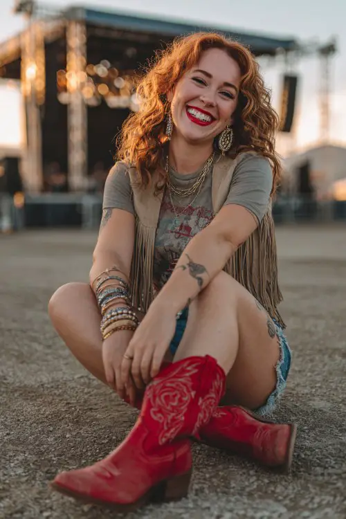 A curvy woman wears bold red cowboy boots with distressed denim shorts, a fitted graphic tee and fringe jacket, styled with stacked bracelets and statement earrings