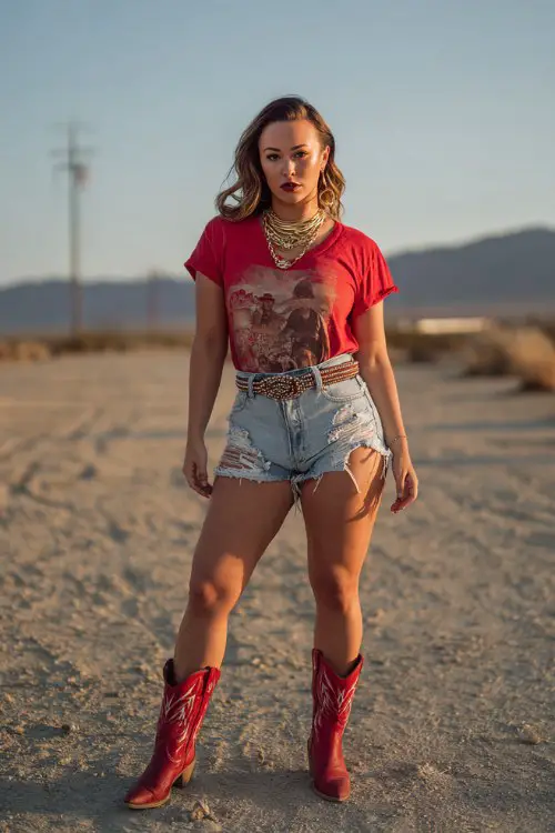 A curvy woman wears distressed denim shorts with striking red cowboy boots, a fitted graphic tee tucked in and a studded belt, layered gold necklaces
