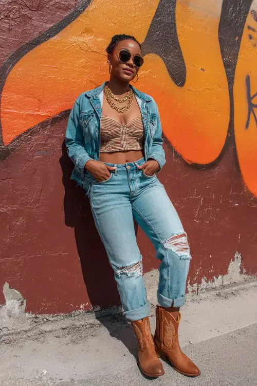 A curvy woman wears distressed high-waisted jeans tucked into caramel brown cowboy boots, styled with a corset-inspired top and cropped denim jacket