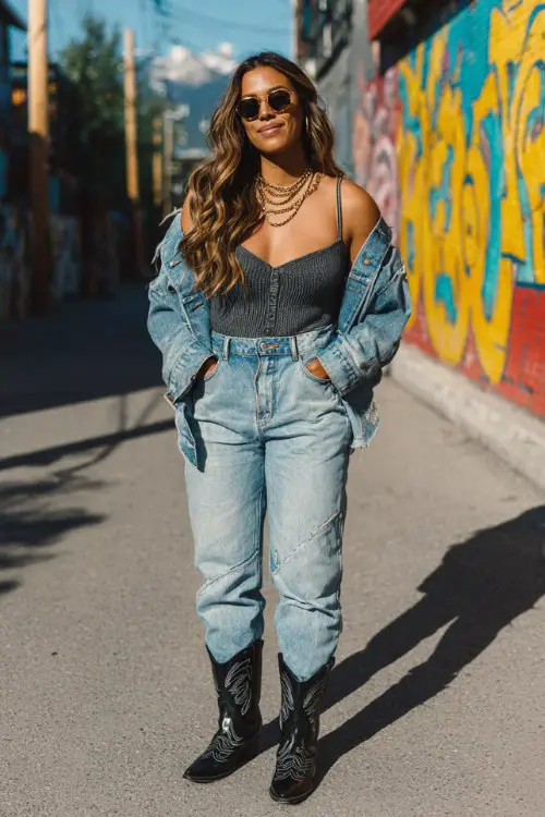 A curvy woman wears distressed high-waisted jeans with glossy black cowboy boots, paired with a fitted bodysuit and oversized denim jacket