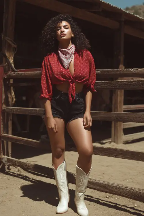 A curvy woman wears high-rise black denim shorts and a cropped red bandana-print blouse, paired with tall white cowboy boots