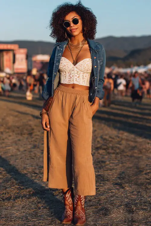 A curvy woman wears tan cowboy boots with wide-leg trousers, corset-style top and cropped denim jacket, accessorized with layered chains and bold sunglasses