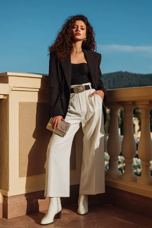 A curvy woman wears wide-leg tailored trousers styled with white cowboy boots, a corset-inspired top and oversized blazer, accessorized with a statement belt and clutch
