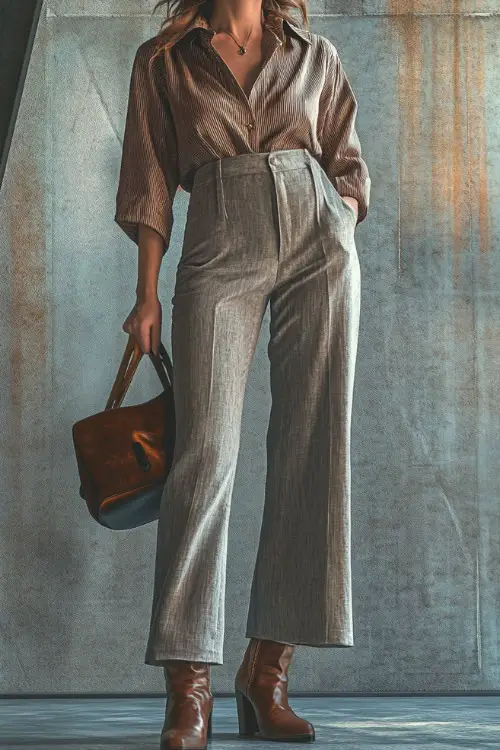 A fashionable woman over 40 in a classic button-down blouse tucked into wide-leg trousers, paired with block-heel boots and a leather handbag at a concert