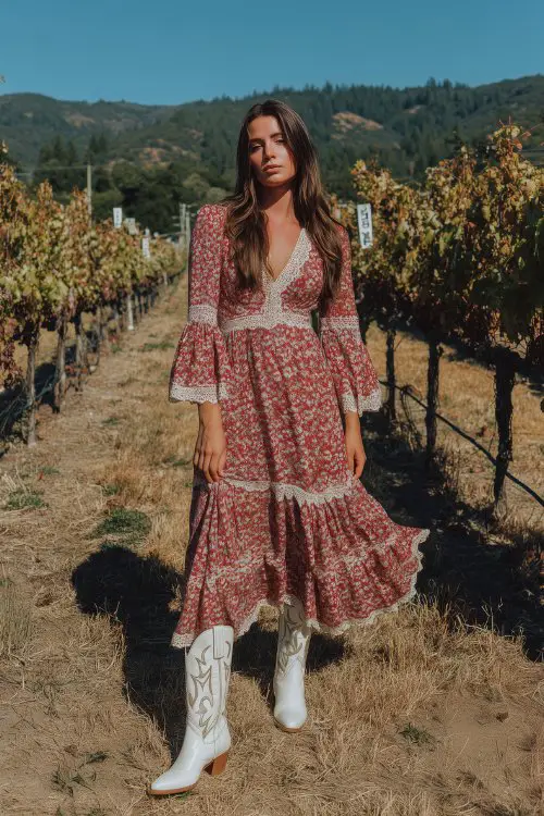 A full-body image of a woman in a floral print boho maxi dress with crochet trim and flared sleeves, styled with white embroidered cowboy boots
