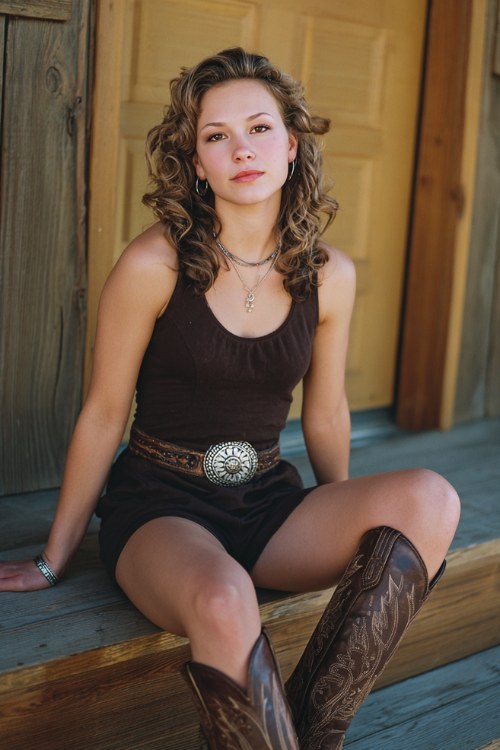 A full body image of a woman wears a dark brown sleeveless romper with a Western concho belt and tall brown embroidered boots, styled with silver jewelry and soft curls