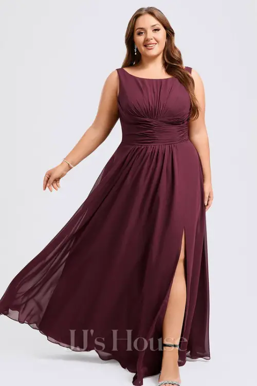 A-line Boat Neck Floor-Length Chiffon Bridesmaid Dress With Ruffle