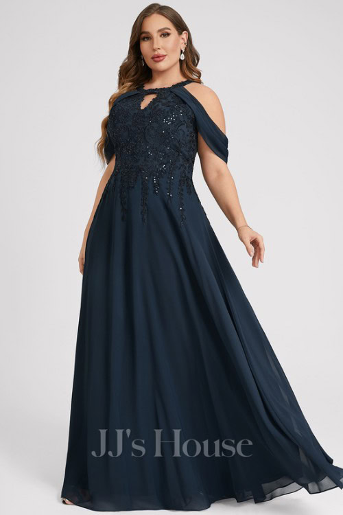 A-line Cold Shoulder Halter Floor-Length Lace Chiffon Evening Dress With Sequins