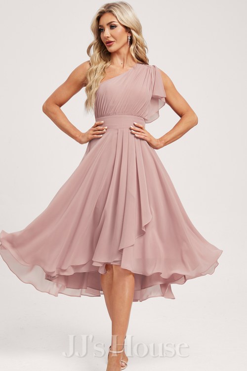 A-line One Shoulder Asymmetrical Chiffon Cocktail Dress With Ruffle
