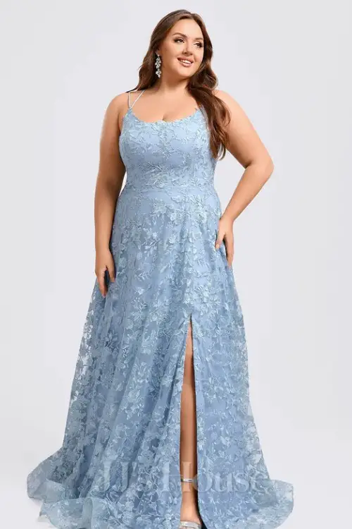 A-line Scoop Floor-Length Lace Floral Prom Dresses With Sequins