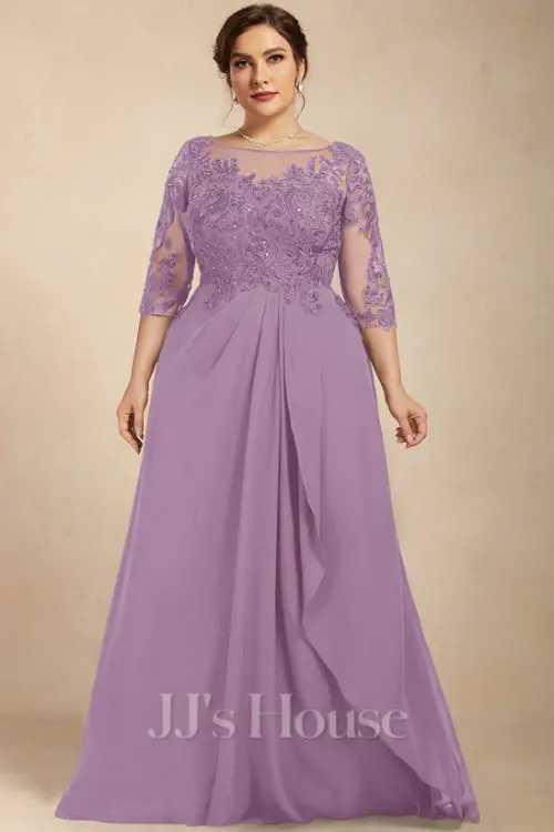 A-line Scoop Illusion Floor-Length Chiffon Lace Mother of the Bride Dress With Beading Sequins Cascading Ruffles