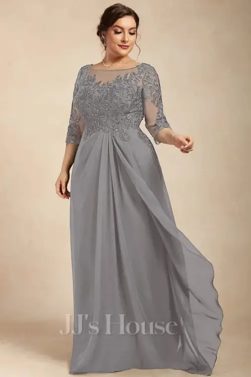 A-line Scoop Illusion Floor-Length Chiffon Lace Mother of the Bride Dress With Beading Sequins Cascading Ruffles