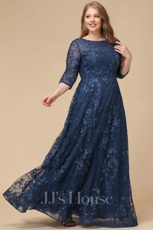 A-line Scoop Illusion Floor-Length Lace Mother of the Bride Dress With Sequins