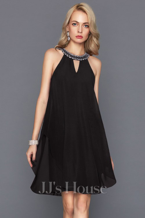 A-line Scoop Knee-Length Chiffon Cocktail Dress With Beading