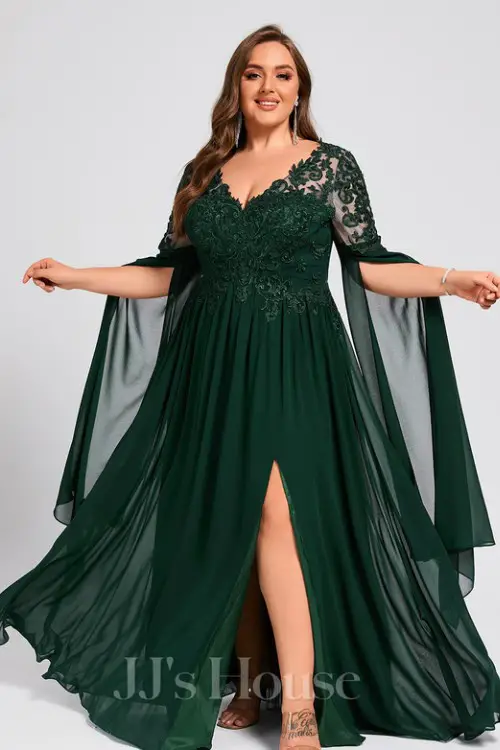 A-line V-Neck Floor-Length Lace Chiffon Evening Dress