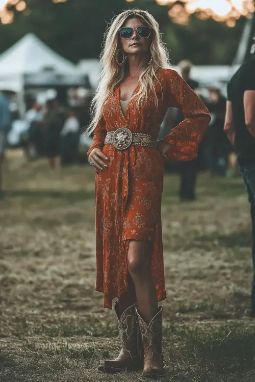 A mature woman in a rust-colored wrap dress with a concho belt, paired with classic cowboy boots, looking elegant at a country concert