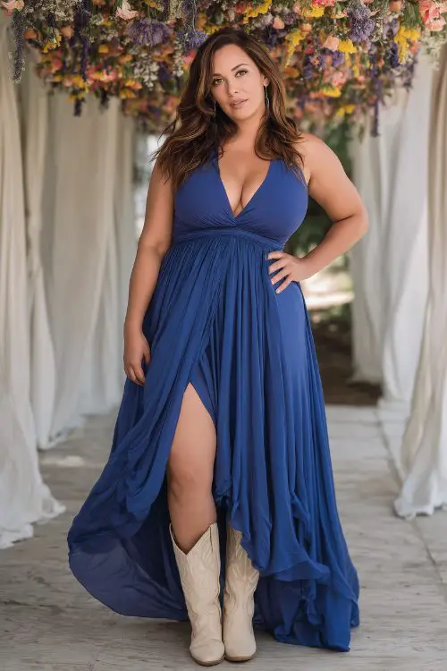 A plus-size woman in a royal blue chiffon gown with a deep V-neck and flowing skirt, styled with cream cowboy boots