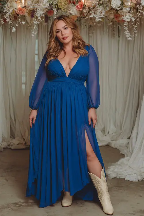 A plus-size woman in a royal blue chiffon gown with a deep V-neck and flowing skirt, styled with cream cowboy boots