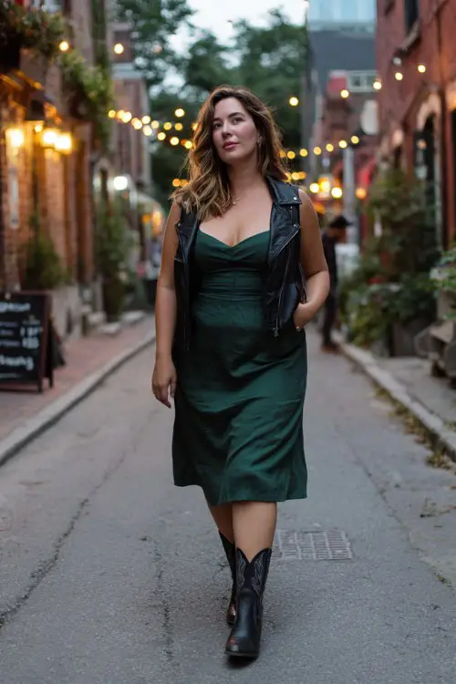 A plus size woman over 30 wears a dark green slip dress and a cropped leather jacket with black cowboy boots