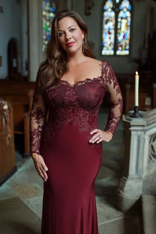 A plus-size woman over 50 wears a bordeaux red gown with lace appliqué and a subtle sheer train, long fitted sleeves, and a bateau neckline
