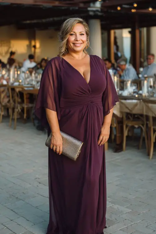 A plus-size woman over 50 wears a floor-length chiffon gown in deep plum with a flattering V-neckline, finished with heeled sandals and a metallic clutch