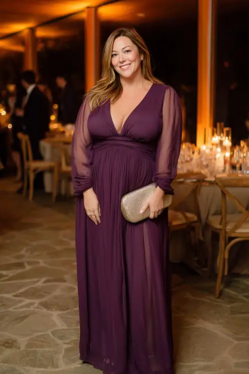 A plus-size woman over 50 wears a floor-length chiffon gown in deep plum with a flattering V-neckline, finished with heeled sandals and a metallic clutch (3)