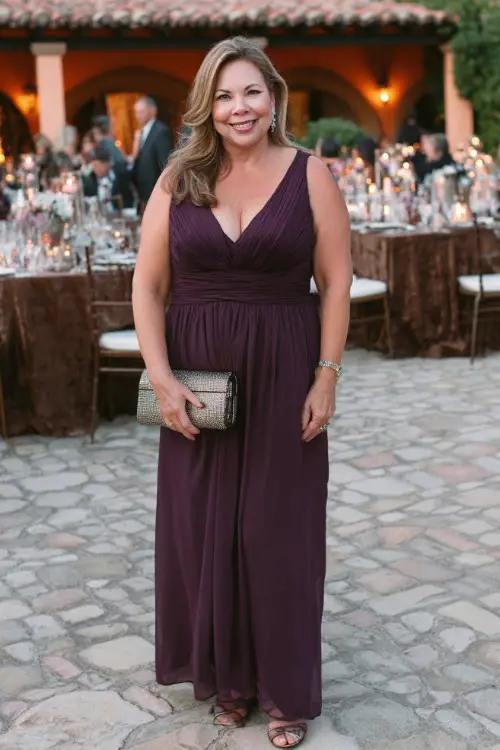 A plus-size woman over 50 wears a floor-length chiffon gown in deep plum with a flattering V-neckline, finished with heeled sandals and a metallic clutch